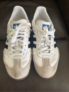 adidas samba White Sneakers with Black Stripes and Beige Suede Toe